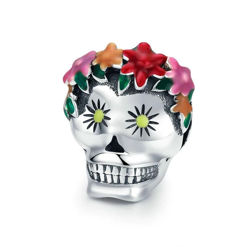 Perle "Crâne Fleuri" ~ Argent Sterling